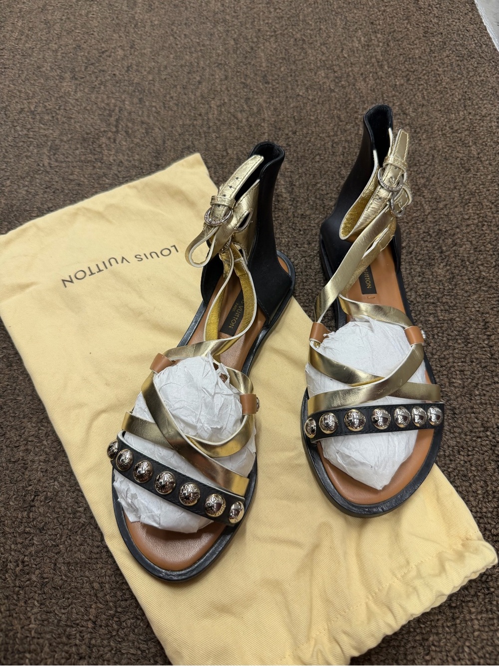 Louis Vuitton Gold and Black Studded Leather Strap Sandals